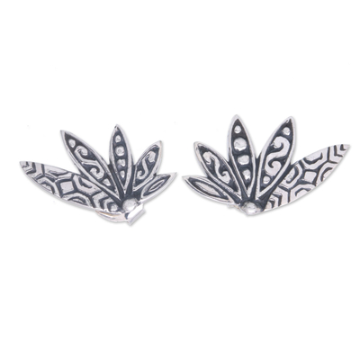 Sterling silver button earrings, 'Blooming Lady' - Sterling Silver Button Earrings with Traditional Motifs
