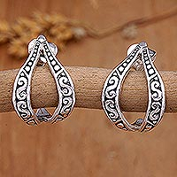 Sterling silver drop earrings, 'Leafy Bali' - Sterling Silver Drop Earrings with Motifs from Bali
