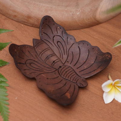 Coconut shell soap dish, 'Butterfly Touchdown' - Balinese Handmade Water Draining Coconut Shell Soap Dish