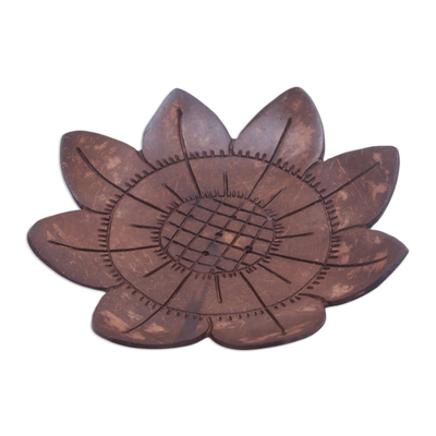 Coconut shell soap dish, 'South by Sunflower' - Artisan Carved Floral Coconut Shell Soap Holder from Bali
