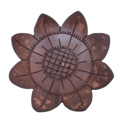 Coconut shell soap dish, 'South by Sunflower' - Artisan Carved Floral Coconut Shell Soap Holder from Bali