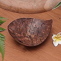 Coconut shell soap dish, 'Fabulous Fish' - Aquatic Coconut Shell Soap Holder Hand Carved in Bali
