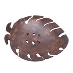 Coconut shell soap dish, 'Little Monstera' - Handmade Tropical Leaf-Themed Coconut Soap Holder from Bali