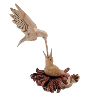 Carved Jempinis Wood Bird Sculpture with Natural Base