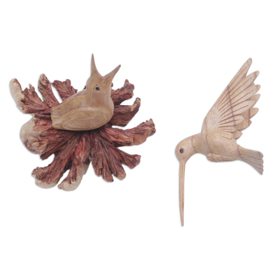 Wood sculpture, 'Mother Bird' - Carved Jempinis Wood Bird Sculpture with Natural Base