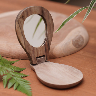 espejo de mano de madera - Espejo de mano plegable de luna tallado a mano en madera de hibisco