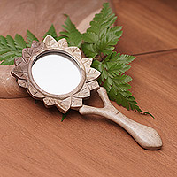 Espejo de mano de madera, 'Morning Sunrise' - Espejo de mano de madera de hibisco con hojas talladas a mano