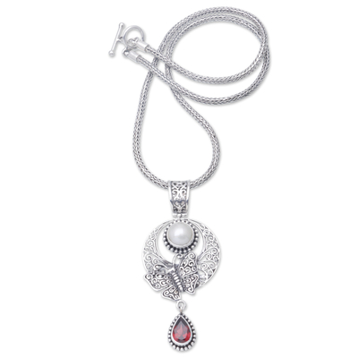 Halskette mit Anhänger aus Granat und Zuchtperle - Halskette mit Anhänger aus Sterlingsilber mit Granat und Perle