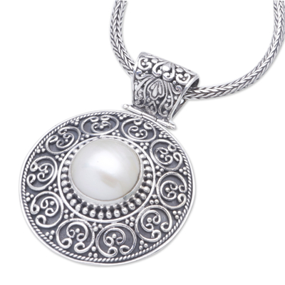 Cultured pearl pendant necklace, 'Blooms of Batur' - White Cultured Pearl Sterling Silver Pendant Necklace