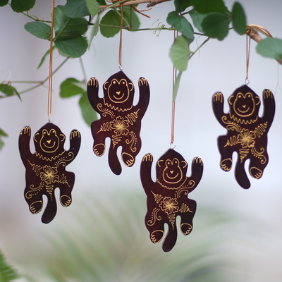 Mahogany wood ornaments, 'Happy Monkeys' (set of 4) - Set of 4 Mahogany Wood Hand-Painted Monkey Ornaments