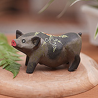 Wood figurine, 'Cute Piggy' - Pig Wood Figurine Hand-carved & Hand-painted in Indonesia