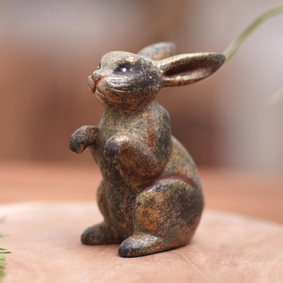 Wood figurine, 'Tiny Bunny' - Rabbit Wood Figurine Hand-carved & Hand-painted in Indonesia