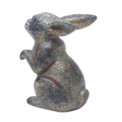 Wood figurine, 'Tiny Bunny' - Rabbit Wood Figurine Hand-carved & Hand-painted in Indonesia