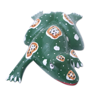 Wood figurine, 'Swimming Frog' - Frog Wood Figurine Hand-carved & Hand-painted in Indonesia