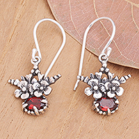 Garnet dangle earrings, 'Red Flower Crown' - Floral Sterling Silver Dangle Earrings with Garnet Stones