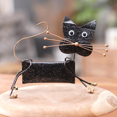 Iron figurine, 'Flat Cat' - Cat Iron Figurine Crafted & Painted by Hand in Bali