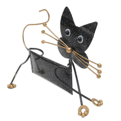 Iron figurine, 'Flat Cat' - Cat Iron Figurine Crafted & Painted by Hand in Bali