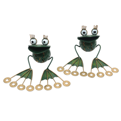 Iron mini figurines, 'Smiling Frogs' (pair) - 2 Frog Iron Mini Figurines Crafted & Painted by Hand in Bali