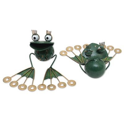 Iron mini figurines, 'Smiling Frogs' (pair) - 2 Frog Iron Mini Figurines Crafted & Painted by Hand in Bali