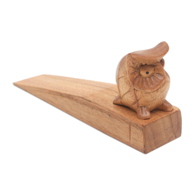 Wood door stop, 'Mysterious Brown Owl' - Jempinis Wood Door Stop with Little Brown Owl