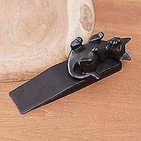 Wood door stop, 'Cheeky Black Cat' - Hand-Carved Suar Wood Door Stop with Black Cat