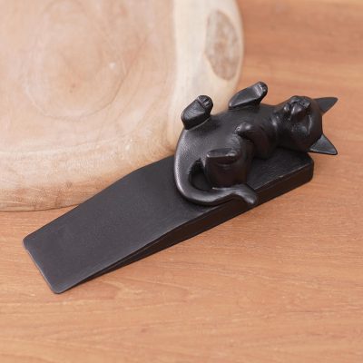 Wood door stop, 'Cheeky Black Cat' - Hand-Carved Suar Wood Door Stop with Black Cat