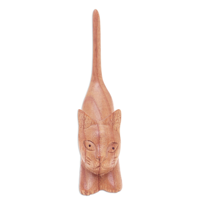 Wood sculpture, 'Stretching Kitten' - Balinese Hand-Carved Jempinis Wood Sculpture of Brown Cat