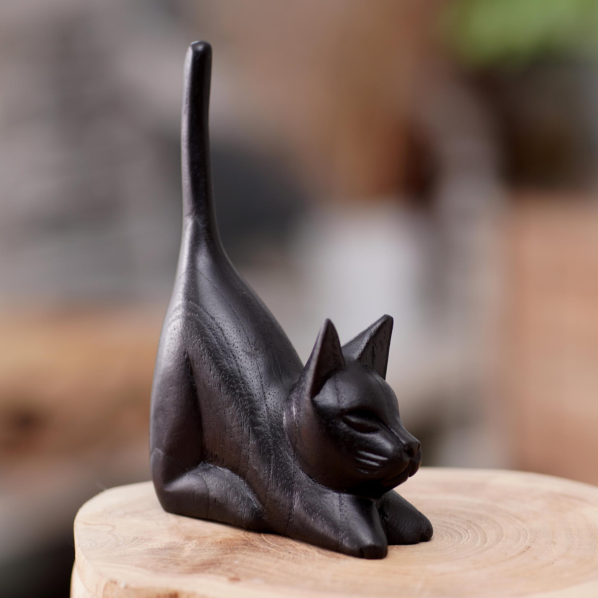 Brown Cat Sculpture Hand-Carved from Jempinis Wood in Bali