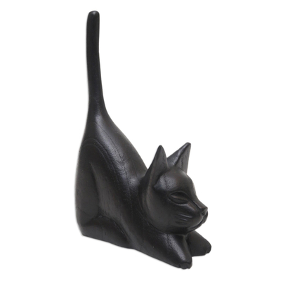 Wood sculpture, 'Stretching Black Kitten' - Balinese Hand-Carved Jempinis Wood Sculpture of Black Cat