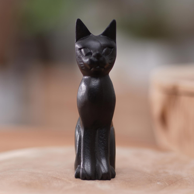 Wood sculpture, 'Cunning Black Cat' - Black Cat Sculpture Hand-Carved from Jempinis Wood in Bali