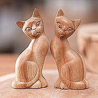 Wood sculpture, 'Feline Twins' (pair) - Pair of Jempinis Wood Cat Sculptures in Natural Brown