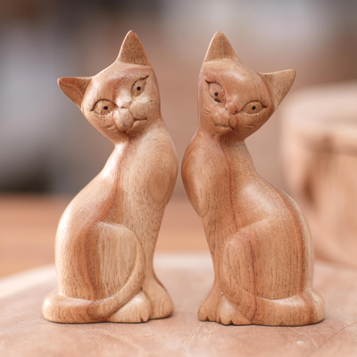 Escultura en madera, (par) - Par de esculturas de gato de madera Jempinis en marrón natural