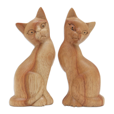 Escultura en madera, (par) - Par de esculturas de gato de madera Jempinis en marrón natural