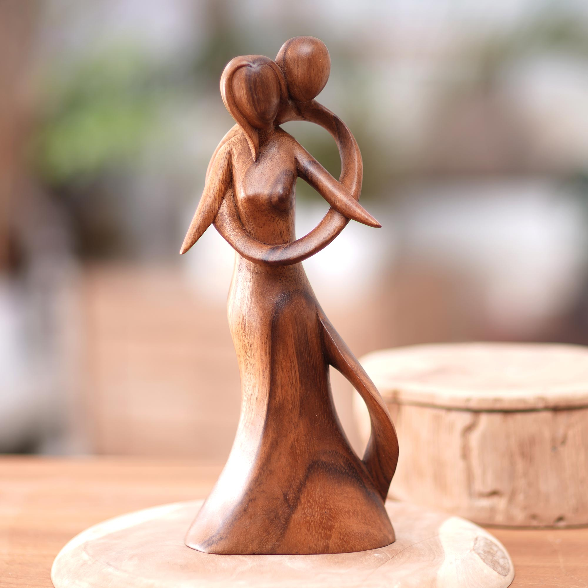 Abstract Wood Sculpture of Couple Hand-Carved in Bali, 'Sending my Love to  You