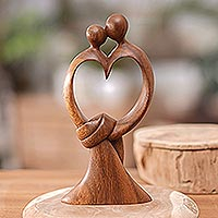 Wood sculpture, 'Love Bond' - Hand-Carved Suar Wood Sculpture with Modern Loving Couple