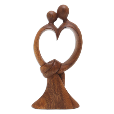 Wood sculpture, 'Love Bond' - Hand-Carved Suar Wood Sculpture with Modern Loving Couple