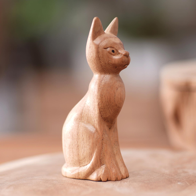 Brown Cat Sculpture Hand-Carved from Jempinis Wood in Bali, 'Cunning Cat