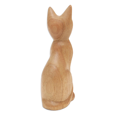 Brown Cat Sculpture Hand-Carved from Jempinis Wood in Bali, 'Cunning Cat