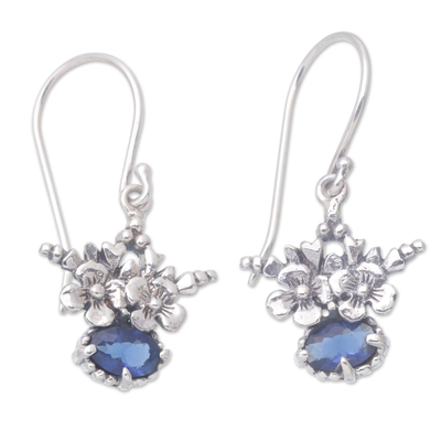 Cubic zirconia dangle earrings, 'Blue Flower Crown' - Floral Sterling Silver Dangle Earrings with Cubic Zirconia