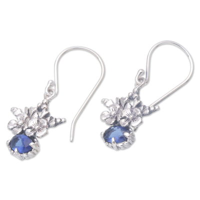 Cubic zirconia dangle earrings, 'Blue Flower Crown' - Floral Sterling Silver Dangle Earrings with Cubic Zirconia