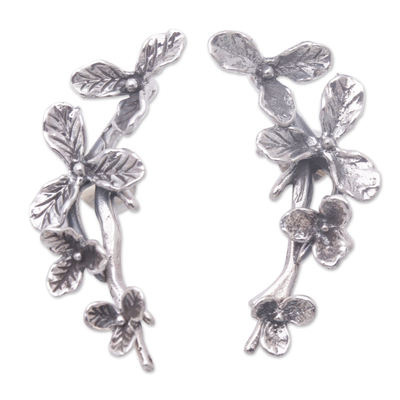 Sterling silver drop earrings, 'Climbing Orchids' - Balinese Sterling Silver Drop Earrings with Floral Details