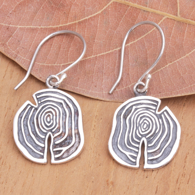 Sterling silver dangle earrings, 'Wooden Slice' - Modern Sterling Silver Dangle Earrings with Wood Details