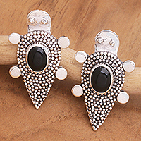 Onyx button earrings, 'Heaven's Black Tortoise' - Sterling Silver Onyx Tortoise Button Earrings