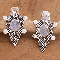 Rainbow moonstone button earrings, 'Heaven's White Tortoise' - Sterling Silver Rainbow Moonstone Tortoise Button Earrings