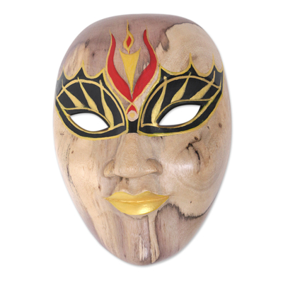 Balinese Hibiscus Wood Mask with Hand-Painted Vibrant Motifs
