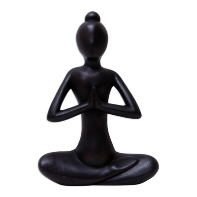 Wood sculpture, 'The Calm' - Hand-Carved Suar Wood Yoga Sculpture in Dark Tone