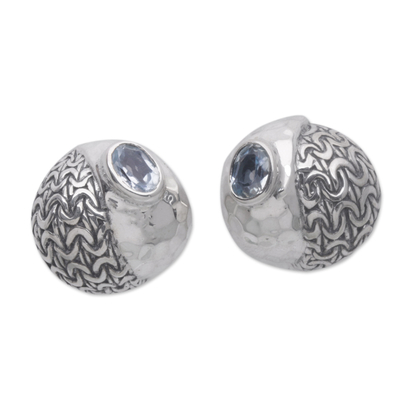 Blue topaz drop earrings, 'Dual Persona' - Balinese Blue Topaz & Sterling Silver Knots Drop Earrings