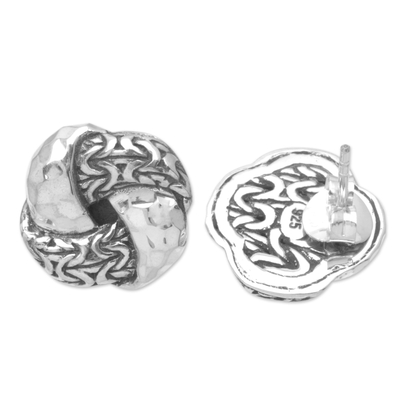 Sterling silver button earrings, 'Flower Knots' - Knot Sterling Silver Button Earrings Crafted in Bali