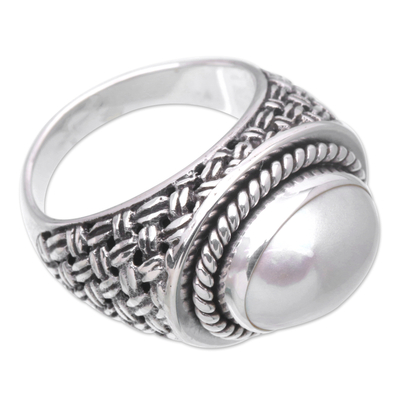 Cultured pearl cocktail ring, 'White Wave' - Sterling Silver Cocktail Ring with Cream Cultured Pearl