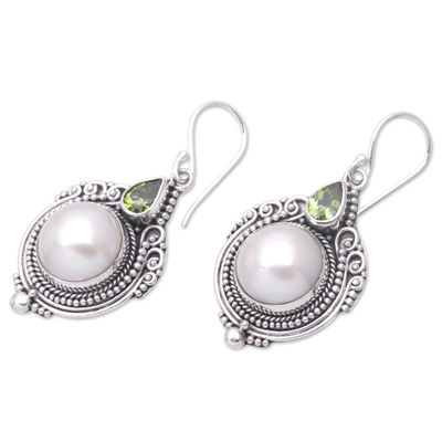 Cultured pearl and peridot dangle earrings, 'Underwater Forest' - Cultured Pearl Dangle Earrings with Faceted Peridot Stones